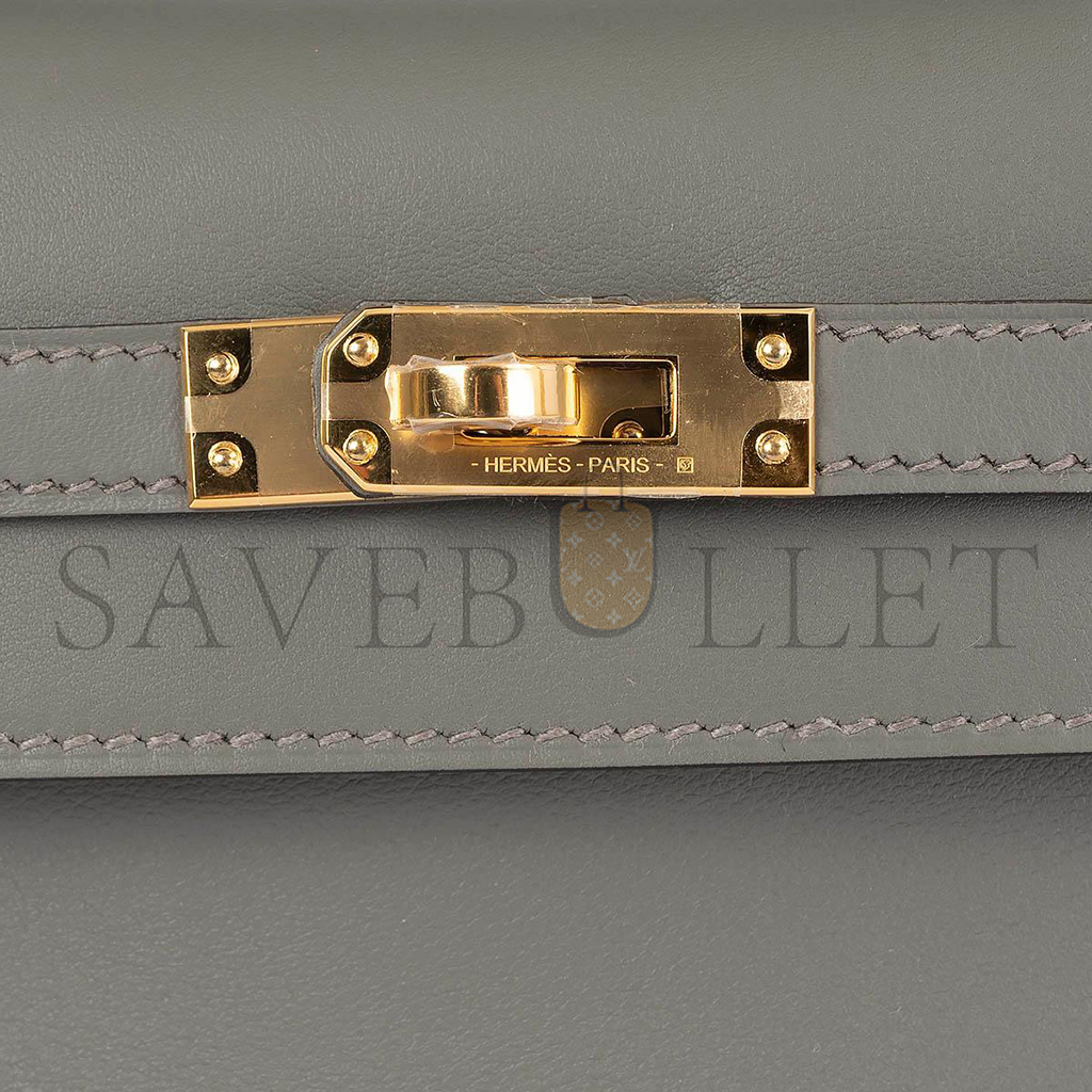 HERMÈS MASTER GRIS MEYER GRAY SWIFT LEATHER KELLY POCHETTE CLUTCH BAG W GOLD (22*14*7cm) 